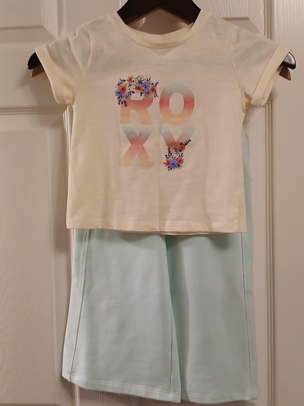 Kids Cream & Light Blue Roxy Wide Leg Pant & Shirt Set